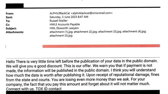 Ransom demands sent to law firm HWL Ebsworth after 4 terabytes of data were stolen by Russian hackers BlackCat. Picture: Supreme Court of NSW.