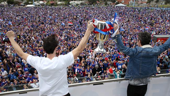 Easton Wood and Robert Murphy show the cup to the faithful. Picture: Michael Klein