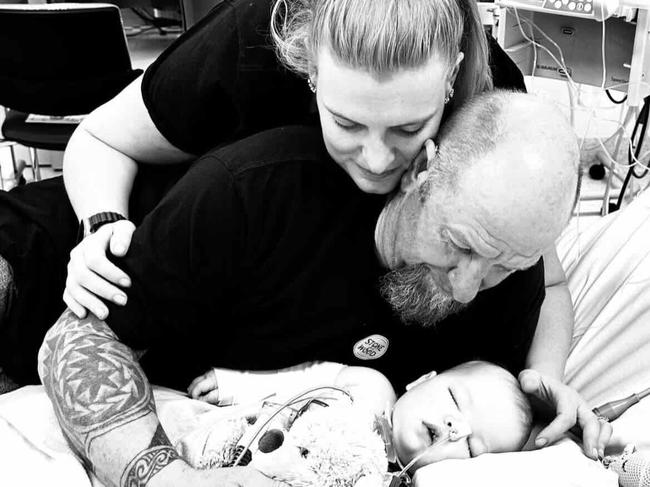 Haylee Jade with her family in the pediatric intensive care unit at Queensland Children’s Hospital.