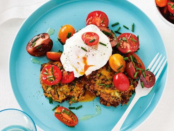 Zucchini and pumpkin fritters with poached eggs.