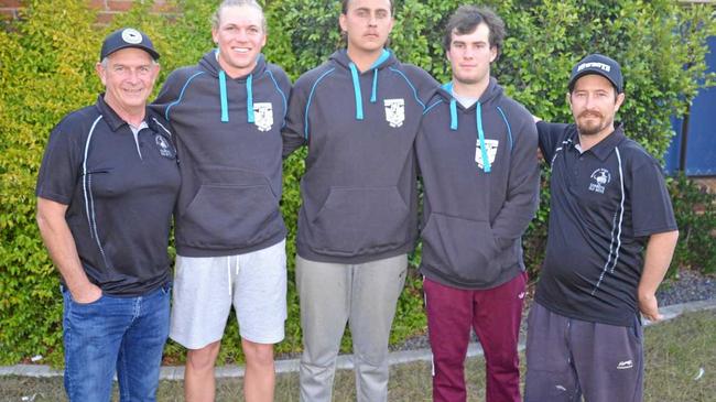 STRONG SUPPORT: Warwick Cowboys Old Boys Association members Mark Sullivan (left) and Shaun O'Leary (right) with Clydesdales U20s young guns Mitch Watson, Coen Martin-Brown and Cody Byrne . Picture: Gerard Walsh