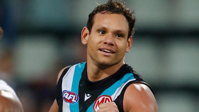 Former Port Adelaide player Steven Motlop celebrates a goal during his career. Photo by Dylan Burns/AFL Photos via Getty Images