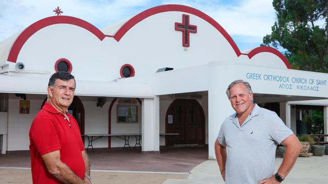 Nick Halkitis and Nick Poniris at the Greek Orthodox Church of Saint Nicholas ahead of Greek Orthodox Easter. Picture: Glenn Campbell