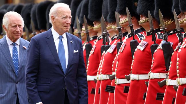 US president Joe Biden and King Charles III inspect a guard of honour, formed by members of the Welsh Guards. Picture: AFP