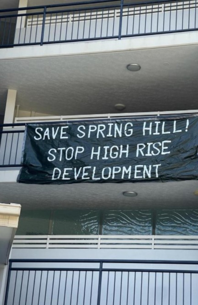 Protest banner on a unit block near the Keylin development site.