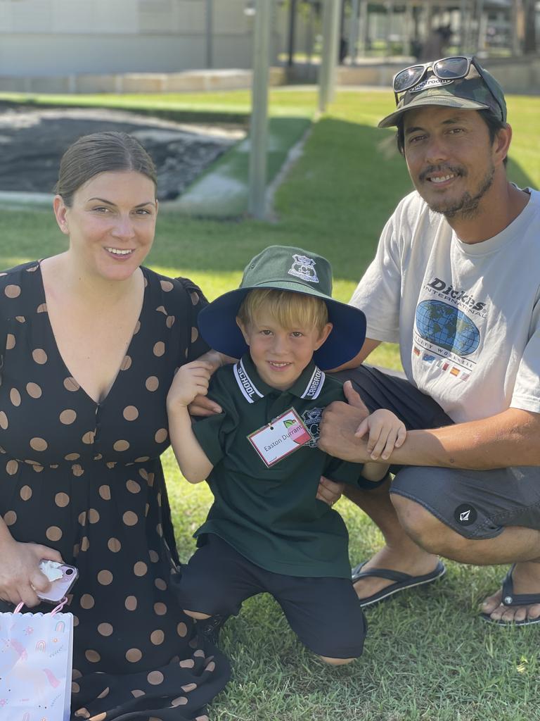 Easton Durrant and dad Dennis Durrant and mum Danielle Durrant on his first day of school in 2024 at Carbrook State School. Pictures: Elliott Turner