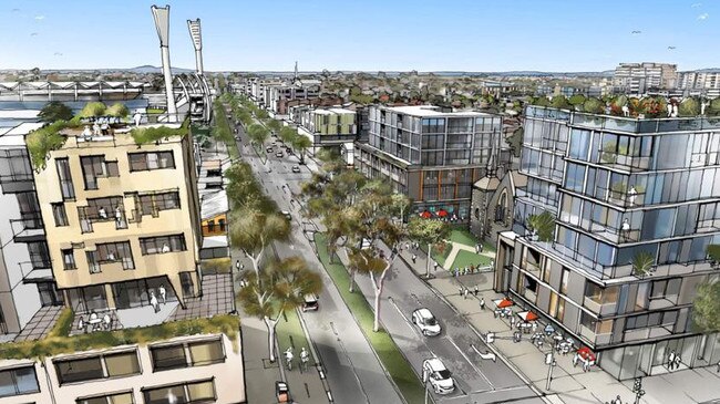 Artist’s impressions of the South Geelong urban design framework shows higher density living surrounding GMHBA Stadium along Moorabool St.