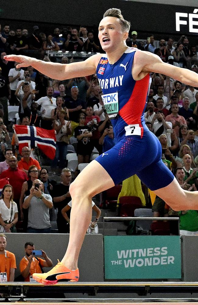 Norway's Karsten Warholm crosses the finish line. Picture: Jewel SAMAD / AFP.