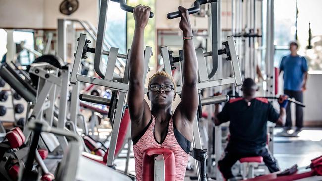 Para-rower athlete Asiya Mohammed lifts weights during her gym session at Tudor Water Sports Hotel in Mombasa, Kenya. Picture: AFP