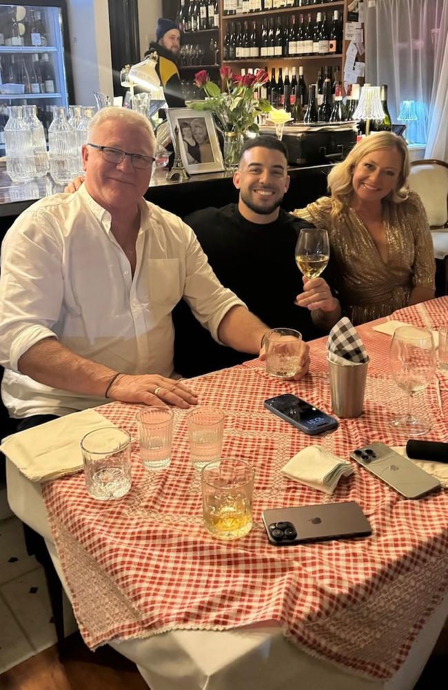 Adrian Portelli, Scott Cam and Shelley Craft having dinner at Phillip Island on Thursday night. Picture: Supplied