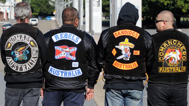 Members of Hells Angels MC, Nomads MC, Rebels MC, Bandidos MC and Comanchero MC make up some of the 14 N.S.W outlaw motorcycle gangs that gathered at Moore Park as part of the United Motorcycle Council for a Legalise Freedom ride, Sydney, Saturday, June 13, 2009. The clubs represented were Hells Angels, Bandidos, Rebels, Comanchero, Nomads, Finks, Black Uhlans, Vietnam Veterans, Phoenix, Grave Diggers, Outcasts, Life and Death, Gods Squad and Bikers for Christ. (AAP Image/Dean Lewins) NO ARCHIVING