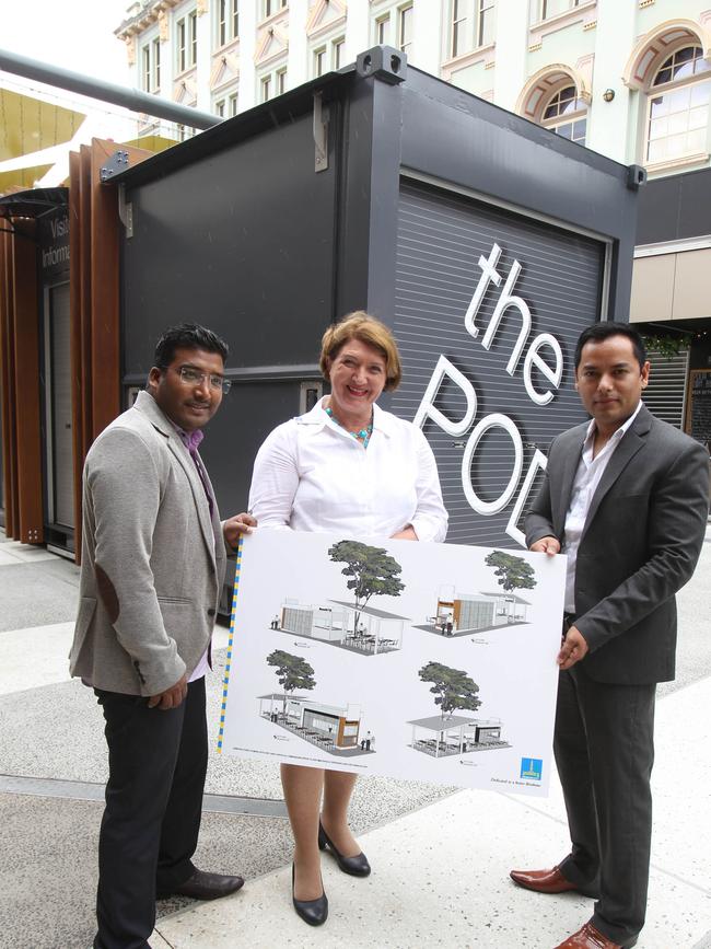 Hom Pyashi, Cnr Vicki Howard and Swotantra Shah in 2015, at the Pod in Brunswick St mall. Picture: Adam Smith