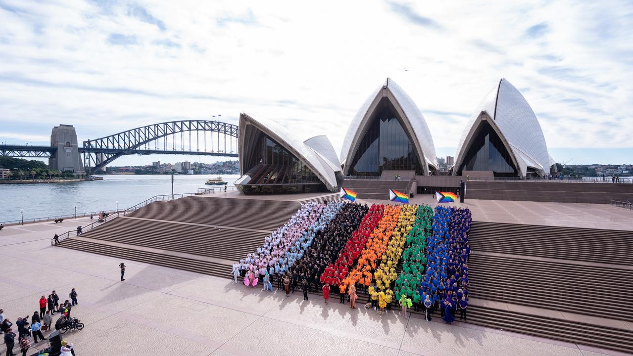 47. 1000 Sydneysiders united on the steps of the Sydney Opera House to form a giant Progress Flag to launch Sydney WorldPride 2023 and commemorate the 44th anniversary of the first Sydney Mardi Gras. Picture: James D. Morgan/Getty Images