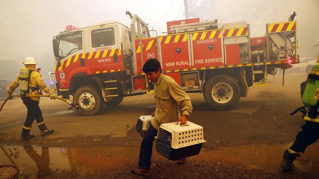 A man carrying pets makes a last minute escape from Balmoral on Saturday. Picture: Sam Ruttyn