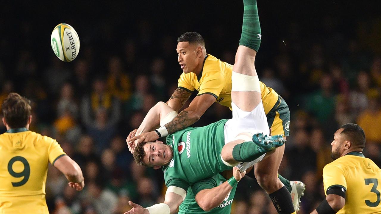 Israel Folau copped a one-match ban for this aerial challenge on Ireland’s Peter O’Mahony in June.