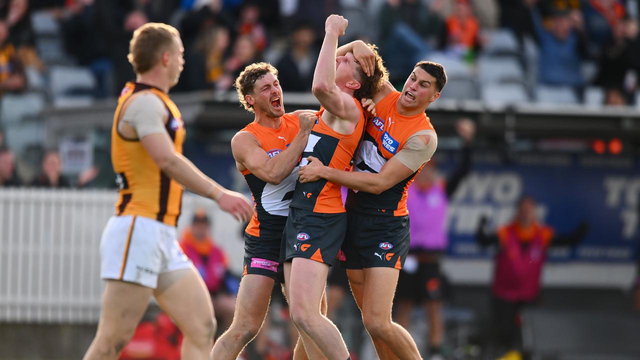 CANBERRA, AUSTRALIA - AUGUST 04: Tom Green of the Giants celebrates a goal during the round 21 AFL match between Greater Western Sydney Giants and Hawthorn Hawks at Manuka Oval, on August 04, 2024, in Canberra, Australia. (Photo by Morgan Hancock/Getty Images)