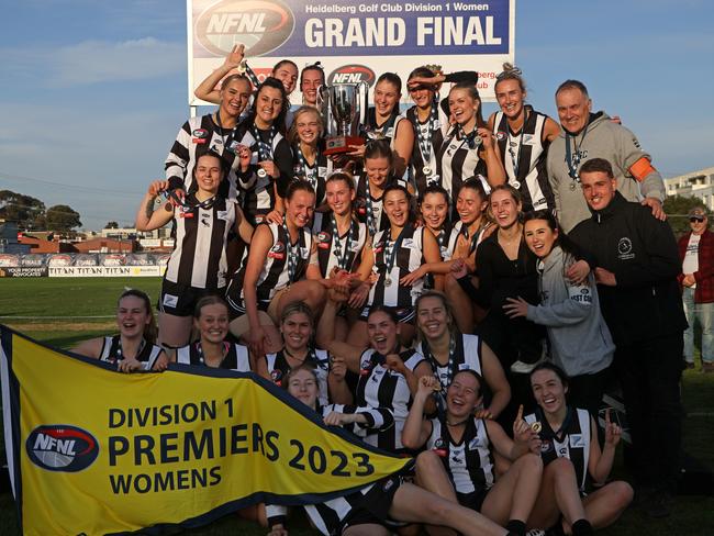 NFNL Women's Division 1 Grand Final - Montmorency v Banyule: Montmorency celebrate with the trophy at Preston City Oval on August 27, 2023 in Preston, Australia.Picture: Hamish Blair