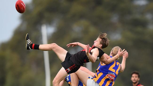 Frankston Bomber Josh Francis and Somerville's Luke Rowe during a marking contest. Picture: Jason Sammon