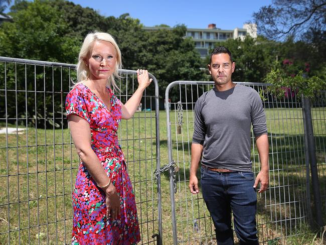 Woollahra Councillor Harriet Price and Member for Sydney Alex Greenwich at the fenced off site. Picture: Danny Aarons