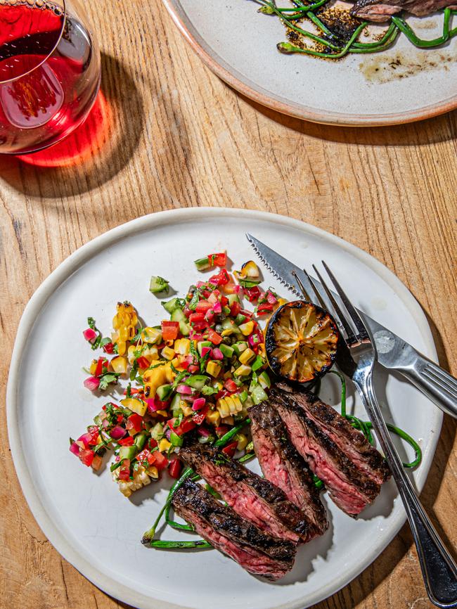 Lennox Hastie’s barbecued skirt steak and salad. Picture: Nikki To