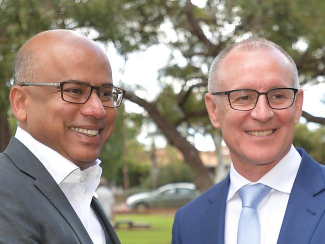 GFG Alliance executive chairman Sanjeev Gupta (left) with SA Premier Jay Weatherill at an event marking the official handover of Arrium's steel and mining operations across Australia to the GFG Alliance at the Whyalla steelworks in Whyalla, South Australia, Friday, September, 1, 2017. (AAP Image/David Mariuz) NO ARCHIVING