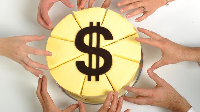 Your Money superannuation generic images. Hands reaching out to take a slice of super cake with dollar sign on top.