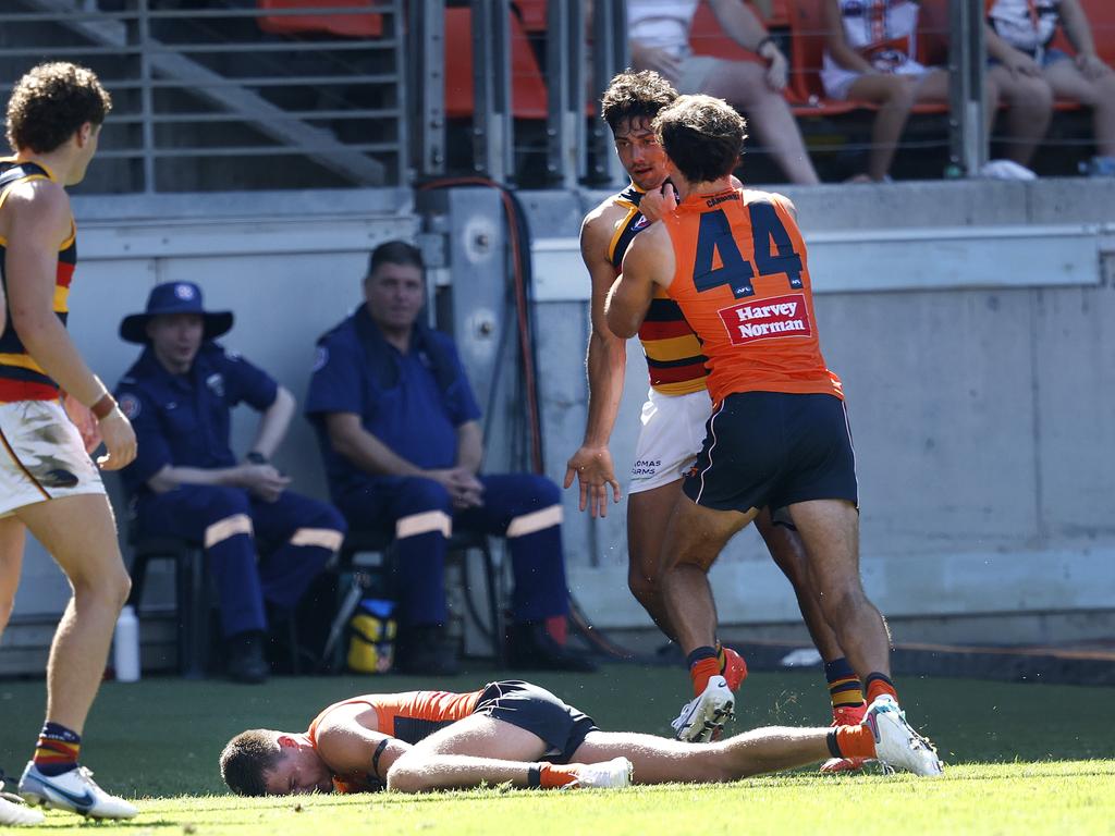 Shane McAdam’s (rear) hit on the Giants’ Jacob Wehr (ground) might land him in hot water. Photo by Phil Hillyard