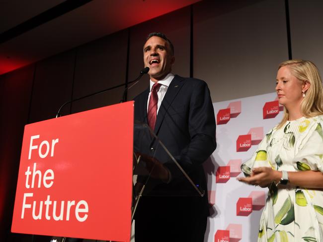 Peter Malinauskas forgot to thank his wife Annabel during his victory speech, despite her standing right beside him. Picture: Tricia Watkinson