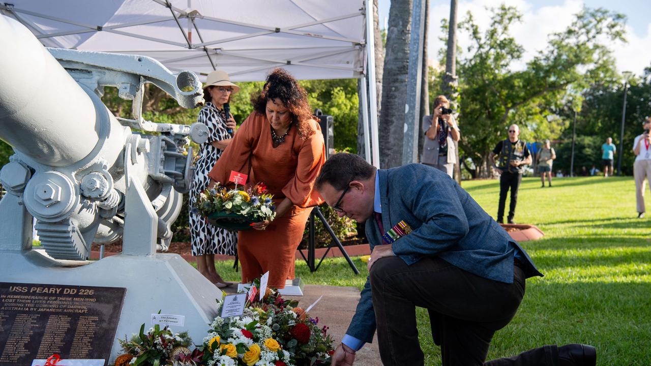 Senator Malarndirri McCarthy and Solomon MP Luke Gosling at the USS Peary Memorial. Picture: Pema Tamang Pakhrin