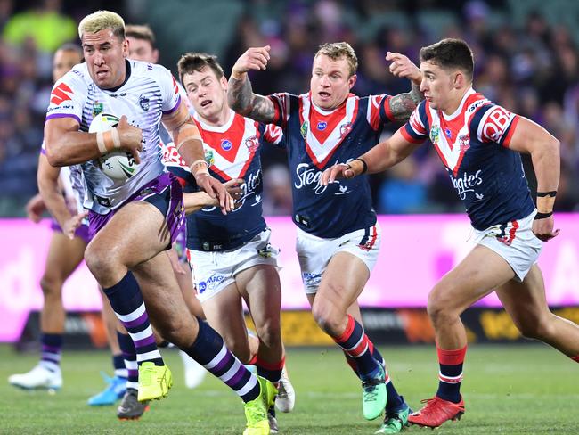 Nelson Asofa-Solomona rampages through the Roosters defence. Picture: AAP