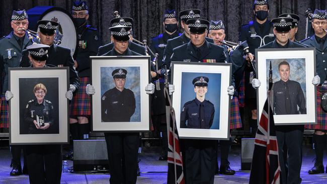 Senior Constable Lynette Taylor, Senior Constable Kevin King, Constable Josh Prestney and Constable Glen Humphris, were farewelled at a state memorial service. Picture: David Geraghty