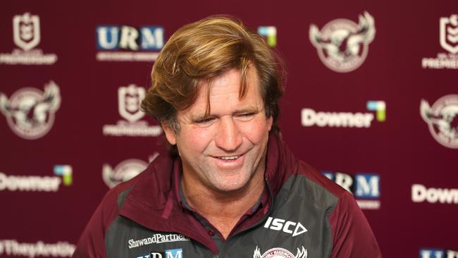 Manly head coach Des Hasler speaks to the media after the Round 3 NRL match between the Manly Sea Eagles and New Zealand Warriors at Christchurch Stadium in Christchurch, New Zealand, Saturday, March 30, 2019. (AAP Image/Martin Hunter) NO ARCHIVING, EDITORIAL USE ONLY