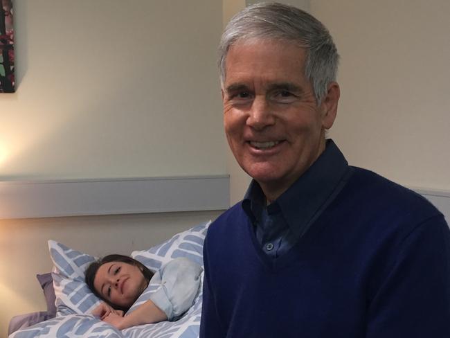 Flinders Uni sleep expert Emeritus Professor Leon Lack in sleep lab with a patient. Picture: supplied