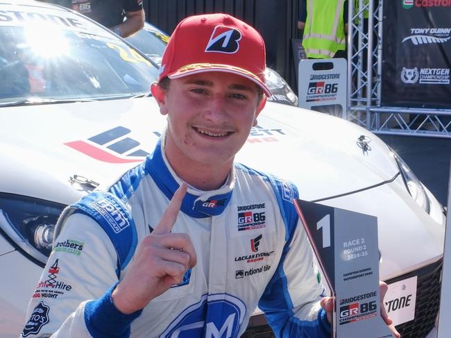 Townsville race car driver Lachlan Evennett, 16, winning race 2 at the Bridgestone GR86 Championship at Hampton Downs, New Zealand. Picture: Toyota NZ.