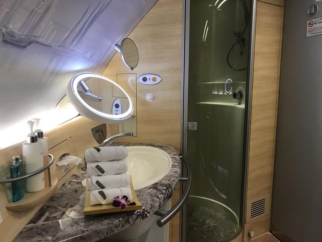 Inside the First Class shower suite. Picture: Celeste Mitchell