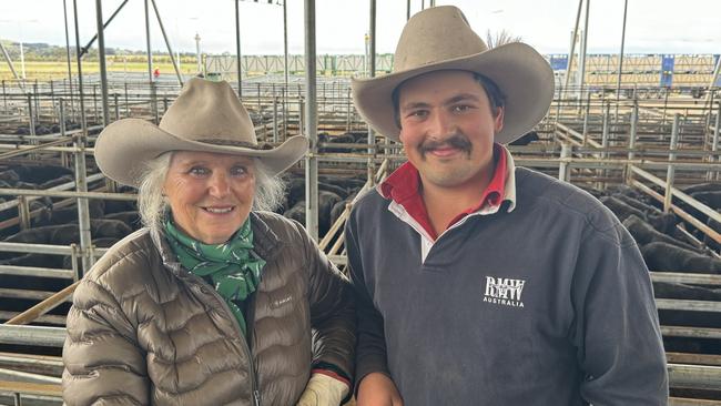 Vendors Cass Kimpton and grandson Angus MacGillivray pictured at Mortlake cattle sale. Picture: Kate Dowler