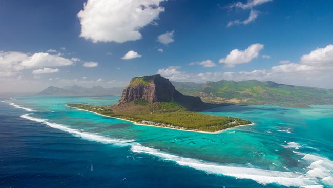 Mauritius island from helicopter. View on Le Morne mount and One Eye surf spot. Place with biggest waves on Muaritius.