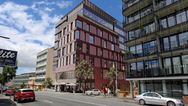 Artist impressions for an office development at 116 Bathurst Street and 25 Watchorn Street, Hobart. Image: Fender Katsalidis for DarkLab.