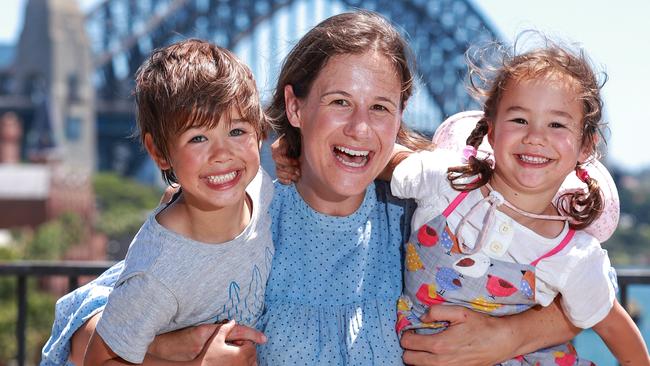 Anna Johnson, with Huckleberry, 5, and Abigail, 4, at the Elevate Kids Festival on Sunday. Picture: Justin Lloyd