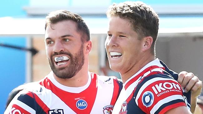 TOOWOOMBA, AUSTRALIA - AUGUST 22:  James Tedesco and Egan Butcher of the Roosters celebrate Egan Butcher scoring a try during the round 23 NRL match between the St George Illawarra Dragons and the Sydney Roosters at Clive Berghofer Stadium, on August 22, 2021, in Toowoomba, Australia. (Photo by Jono Searle/Getty Images)