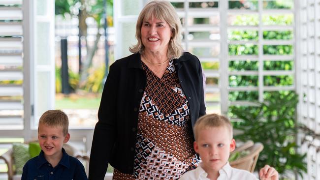 NT Chief Minister Eva Lawler with grandchildren Dino and Lenny Dixon at her swearing-in ceremony at Government House in Darwin. Picture: Pema Tamang Pakhrin