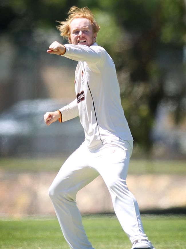 ... and celebrates taking the wicket of George Hankins, LBW. Pictures: AAP/Dean Martin