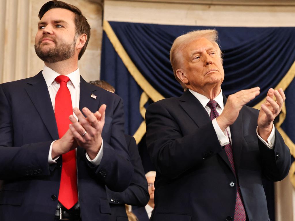 US Vice President J.D. Vance and US President Donald Trump react during inauguration ceremonies in the Rotunda of the US Capitol in Washington, DC. Picture: Getty Images North America/AFP