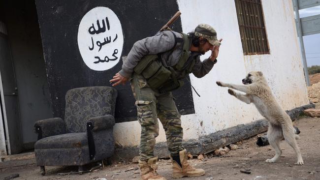 A fighter from the Free Syrian Army plays with a dog at a checkpoint which they've captured from Islamic State. Picture: AFP