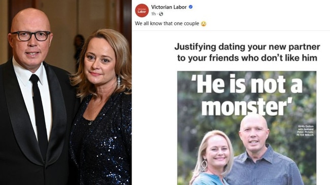 Liberal leader Peter Dutton with his wife Kirilly, and part of the Labor attack ad. Main picture: NCA NewsWire / Martin Ollman