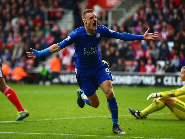 Jamie Vardy of Leicester City celebrates scoring another goal.