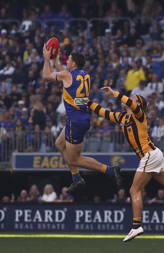 Jeremy McGovern takes an intercept mark. Picture: Jack Foley/AFL Photos via Getty Images.