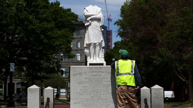 The beheaded Columbus statue in Boston. Picture: AFP