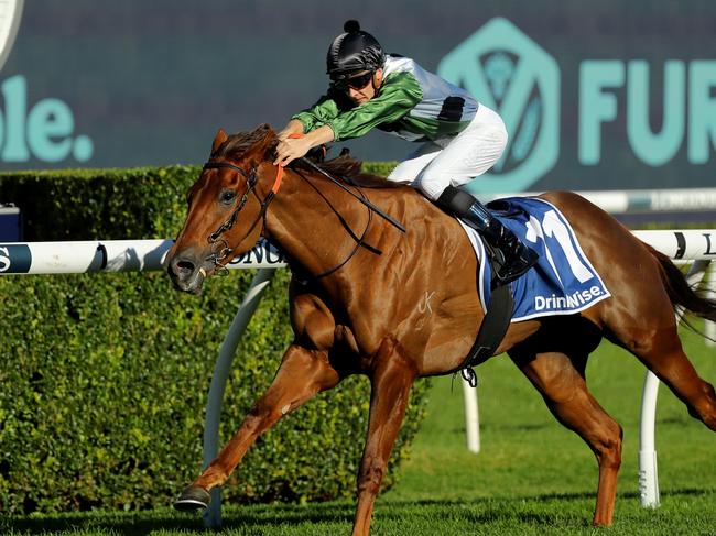SYDNEY, AUSTRALIA - JUNE 10: Dylan Gibbons riding Passeggiata   wins Race 6 Furphy during  