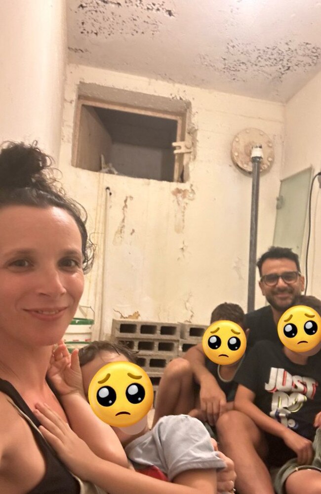 Aussie expat Emily Gian who has been living with her family in Yehud, about 18km from Tel Aviv, for the past three months, pictured in a bomb shelter. Picture: Twitter @emilygian